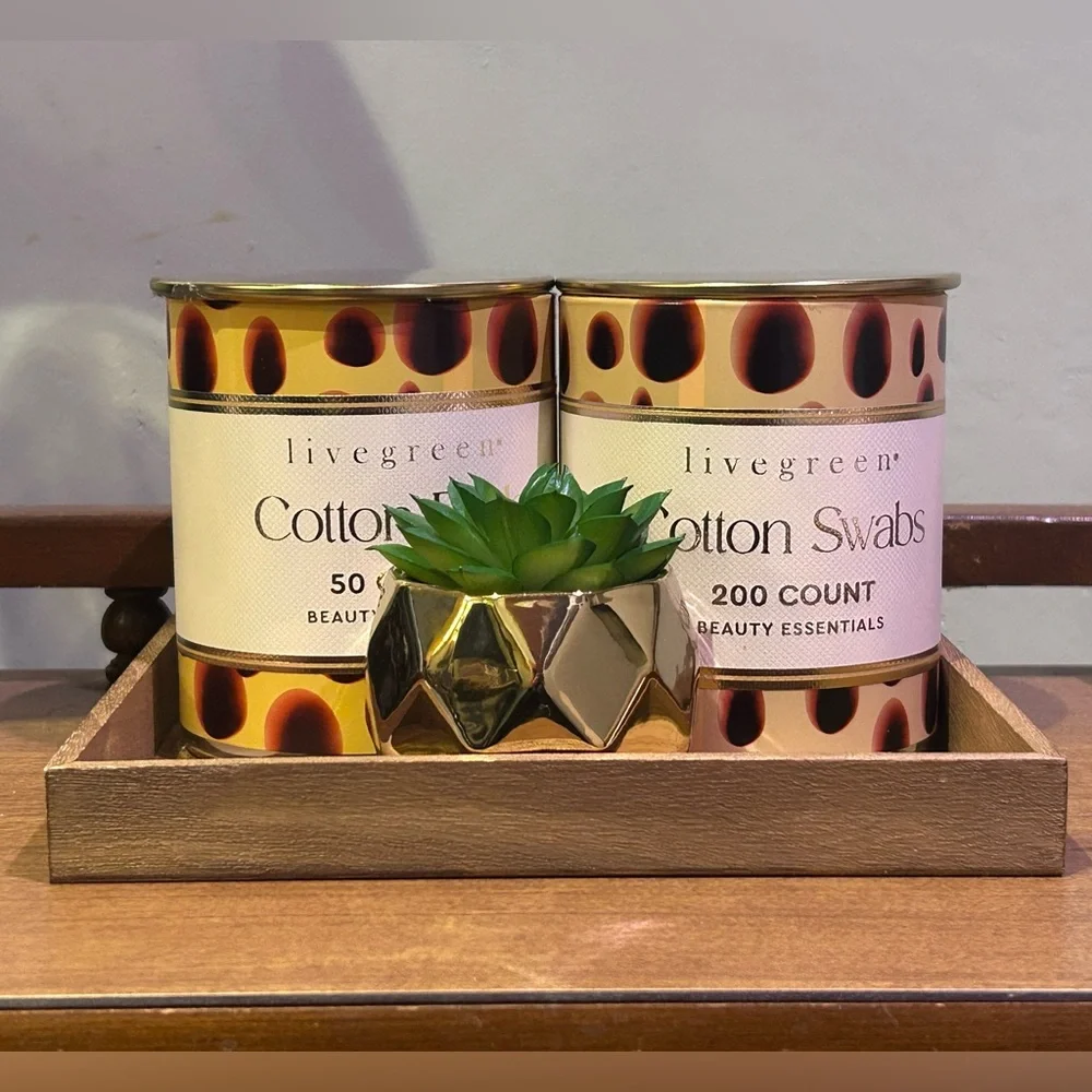 Livegreen Cotton Pads & Cotton Swabs Set with Faux Succulent And Wood Tray NWTS